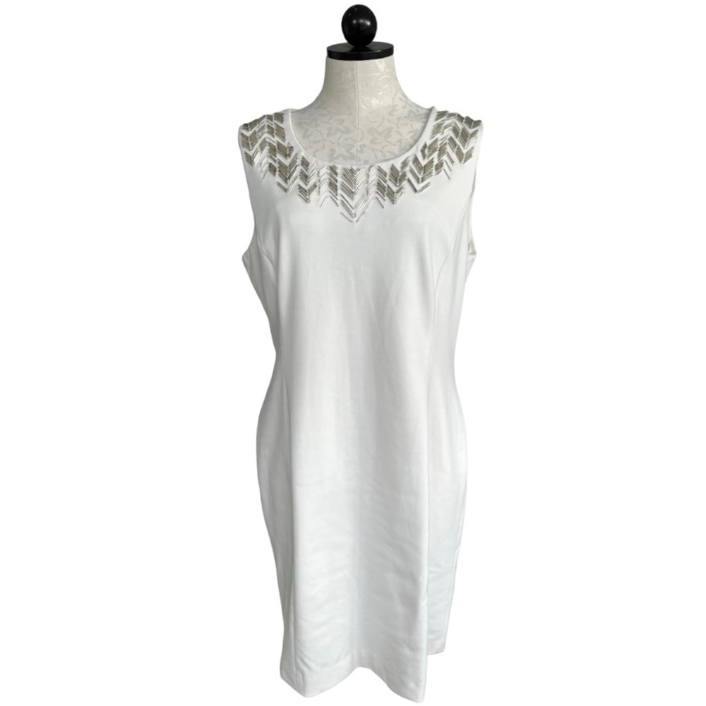 Calvin Klein White Beaded Sheath Dress Silver Geometric Neckline Size 14